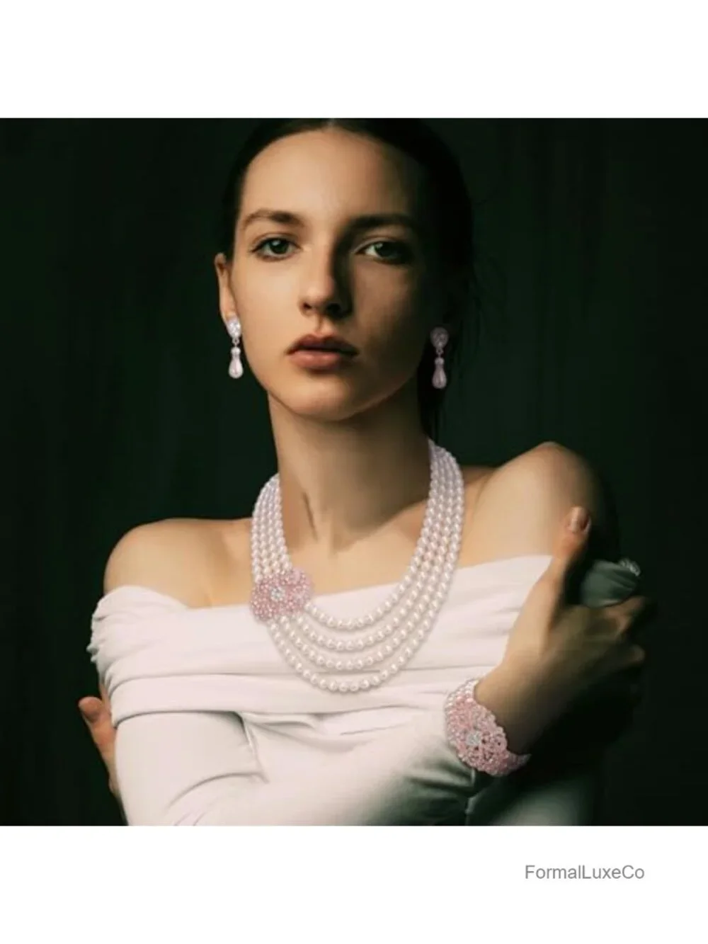 Victorian Style Bridal Jewelry Set Simulated Pearl Necklace Earrings Bracelet